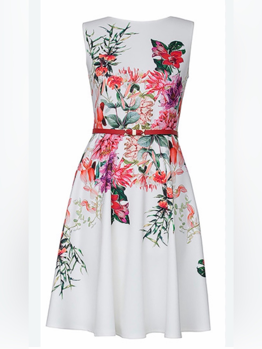 Joseph Ribkoff Floral Fit-and-Flare Dress with Pink Bow Belt